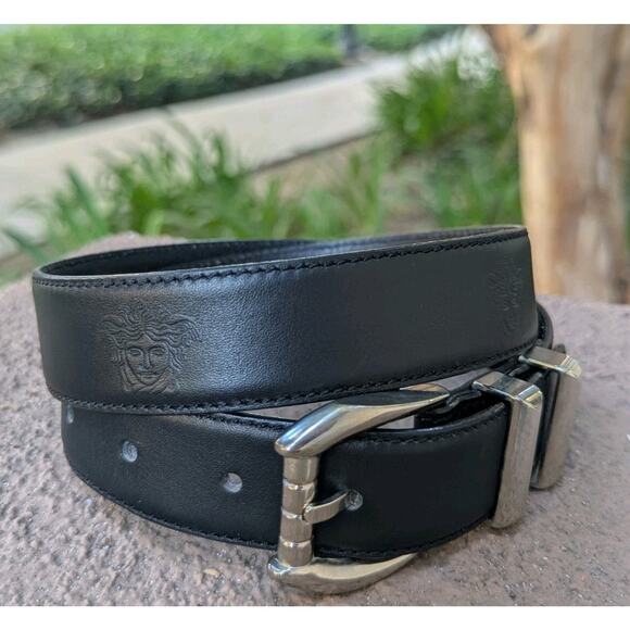 GIANNI VERSACE 90\'s Silver Buckle MEDUSA Belt Black Leather Size 27 28 29 30 31\